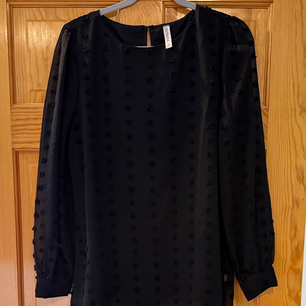 Black Semi-Sheer Swiss Dot Long Sleeve Blouse